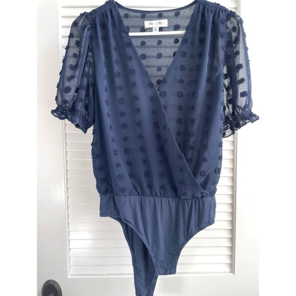 She and Sky Navy Blue Mesh Short Puff Sleeve Polka Dot Body Suit Women's Size S - Picture 1 of 5